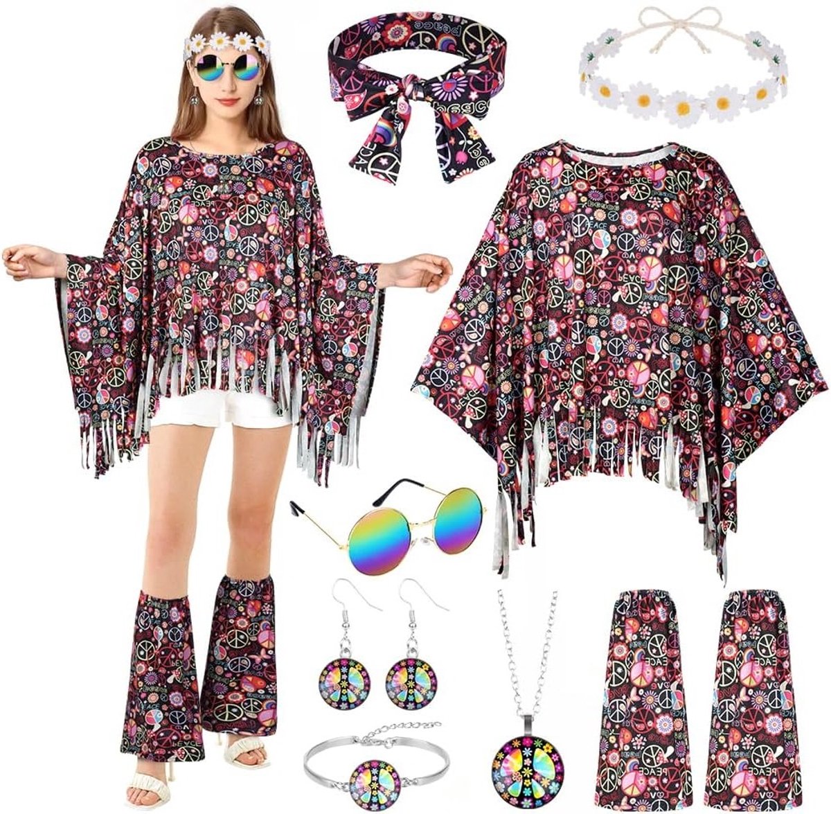 Vintage 9-delige kostuumset voor vrouwen in jaren '60 en '70 stijl met accessoires zoals brillen, hoofdband en laarzen, perfect voor carnaval en Halloween