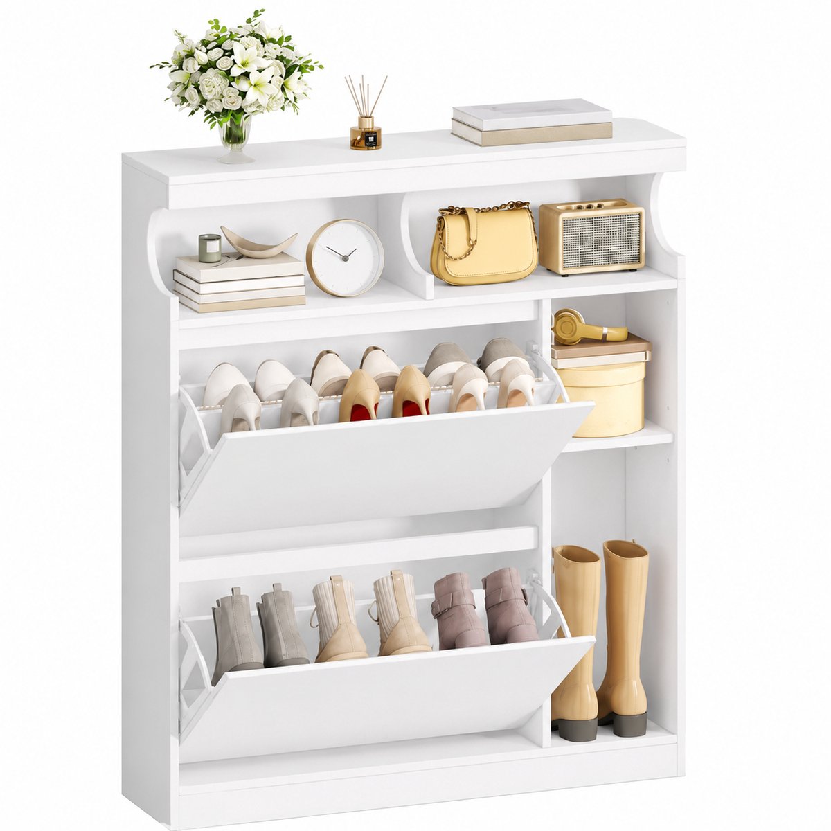 CINK Living® Schoenenkast - Witte Schoenenkast met Klepdeuren & Opbergvakken - Ruimtebesparend Schoenenrek voor Hal & Entree - 95 cm