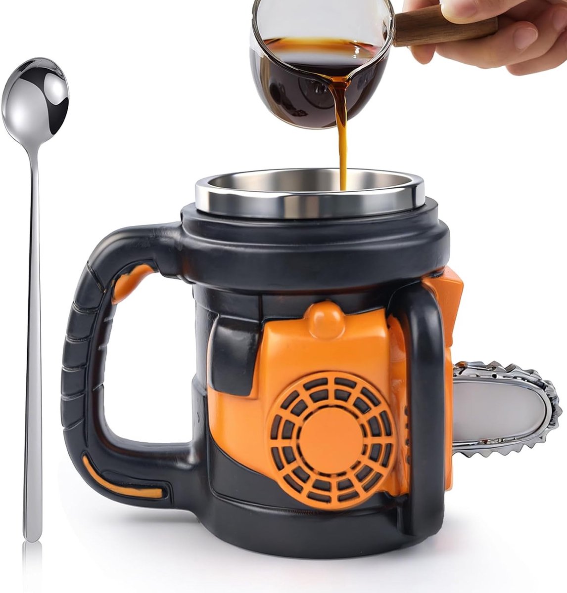 Grappige 3D koffie mok in motorzaag ontwerp met roestvrijstalen binnenkant, originele cadeau voor mannen en vaklieden (300 ml)