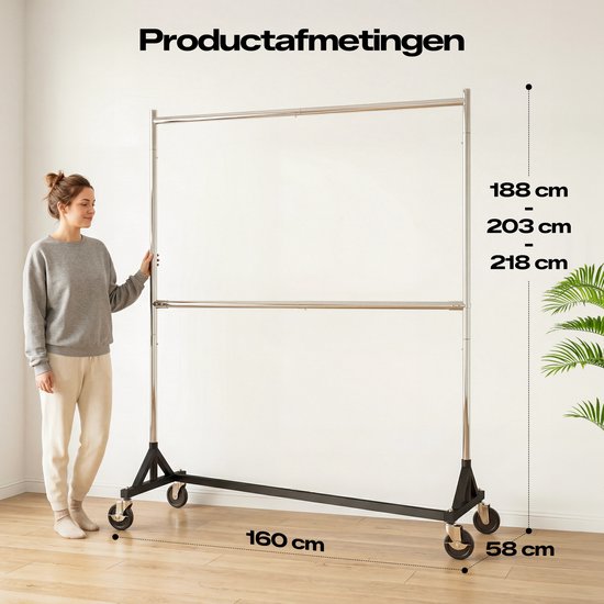 Zilverkleurig, dubbel kledingrek op zwarte wielen met productafmetingen aangegeven.