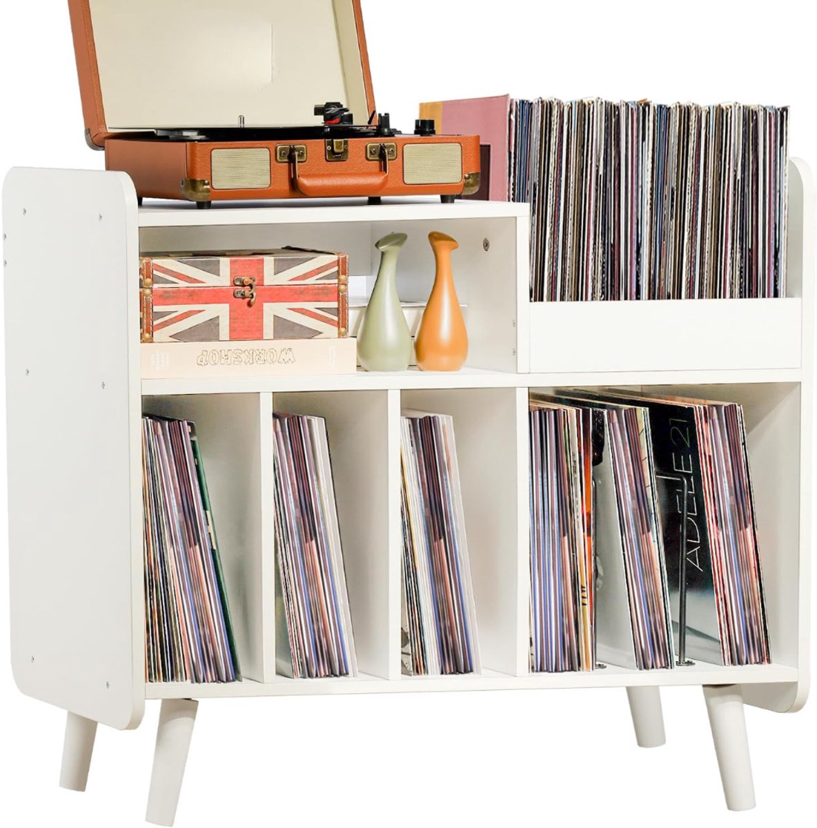 SNJY® Platenspeler Meubel - Platenspeler Kast - LP Houder - Platenhouder - 36L x 80B x 81,2H cm - Wit
