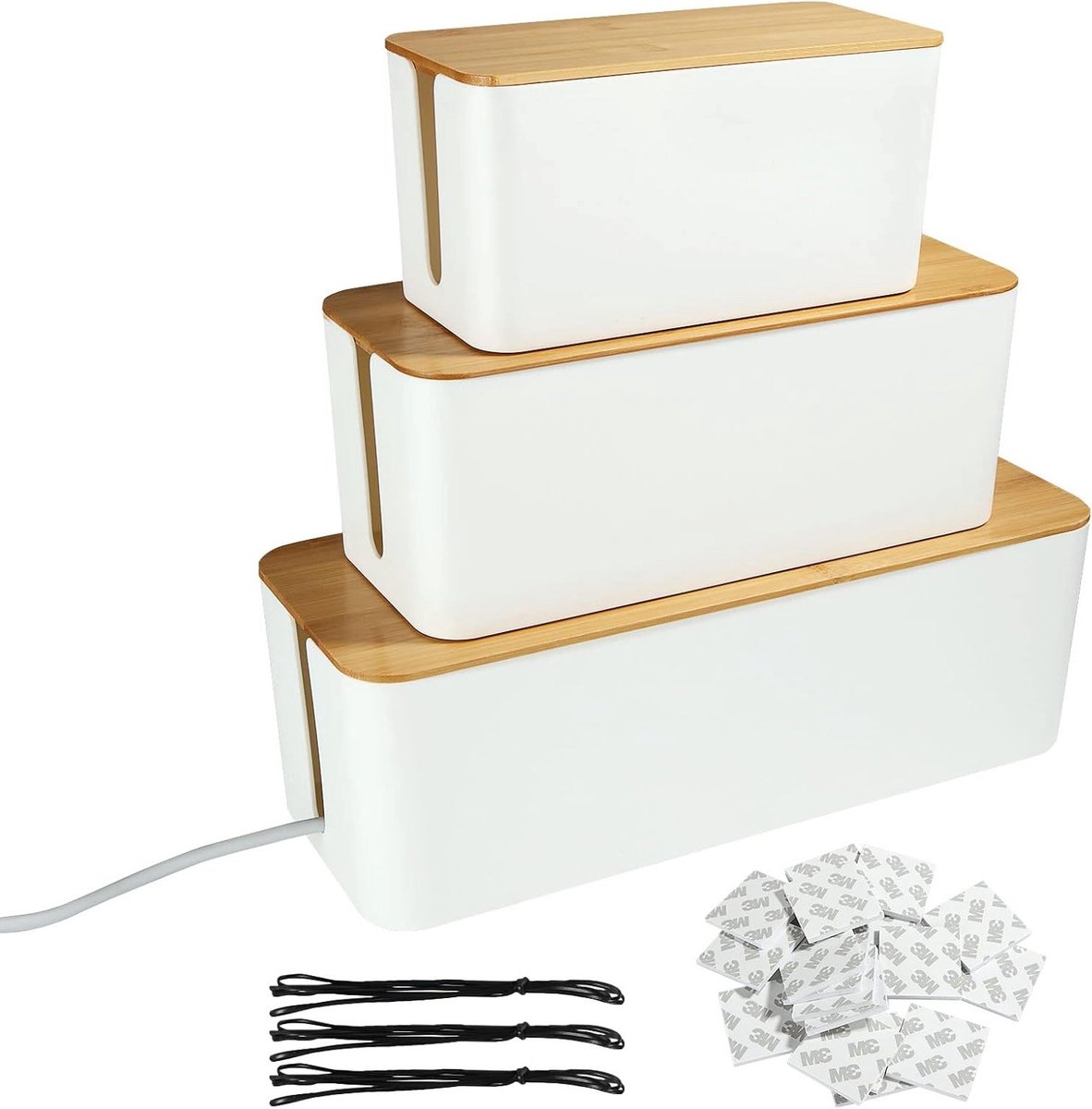 Driedelige kabelopbergdoos in drie maten, kabelbescherming, witte opbergbox met houten deksel en kabelbinders voor een nette kabelorganisatie
