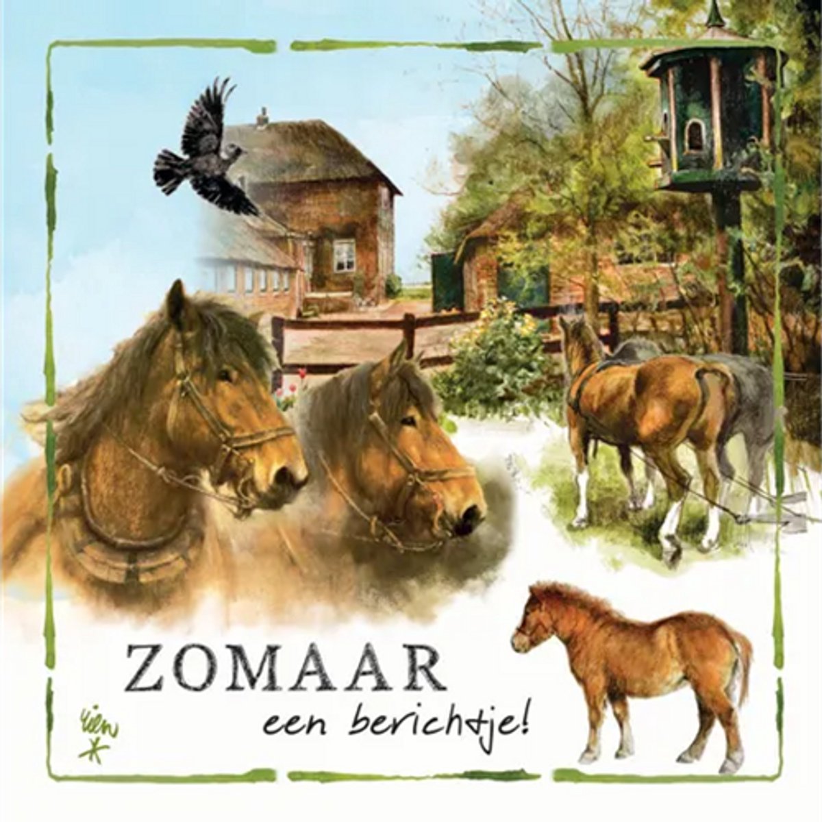 Rien Poortvliet Wenskaart ZOMAAR een berichtje! – Paarden – 13,5 x 13,5 cm