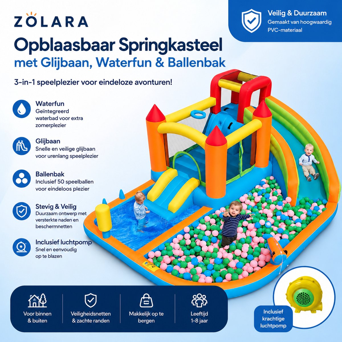 Zolara Multifunctioneel Springkasteel met Waterglijbaan & Waterspeelpark - Ballenbak - Zwembadspel - Waterspeelgoed buiten - Waterpark - Water speelgoed - Springkussen - Opblaasbaar zwembad - Zomer - Zomervakantie - Kinderfeest - Kinderverjaardag