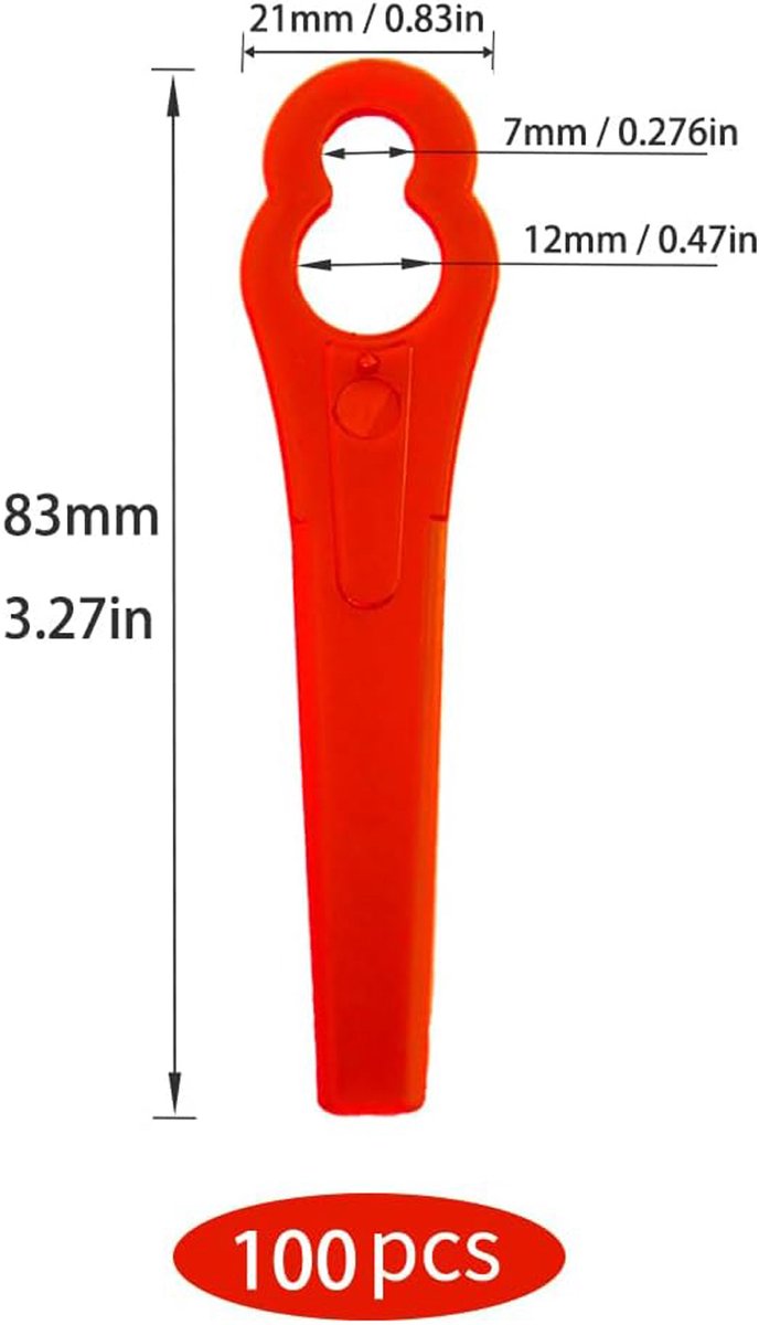 100-stuks Kunststof grasmaaierbladen - Grasmaaierbladen voor de tuin - Vervangende grasmaaierbladen - Kunststof bladen - Grasmaaieraccessoires - 83 mm lang - Geschikt voor snoerloze grasmaaiers, trimmers, enz. - Rood — afbeelding 2