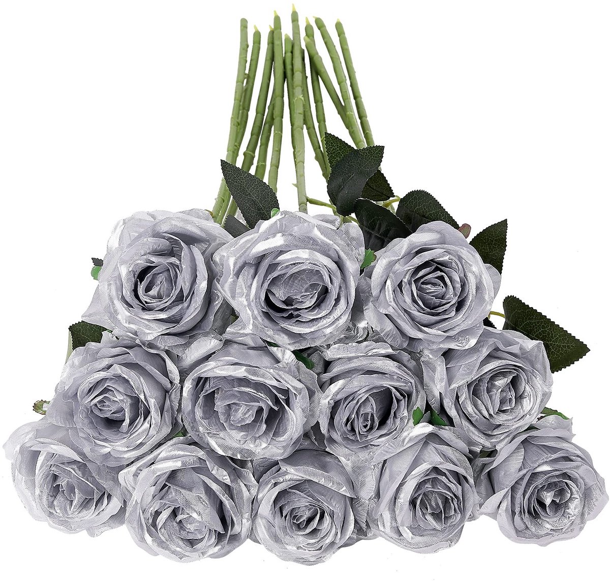 Dailygoody - Kunstrozen - Neprozen - Realistisch en elegant - Zilver - Bruidsboeket - Perfect voor decoratie - 12 stuks