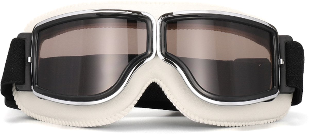 KIMU® Goggles Motorbril Skibril - Bril Wit Montuur - Gele Glazen - Leatherlook Pilotenbril Vintage Motor Retro Steampunk Lederen Heren Festival