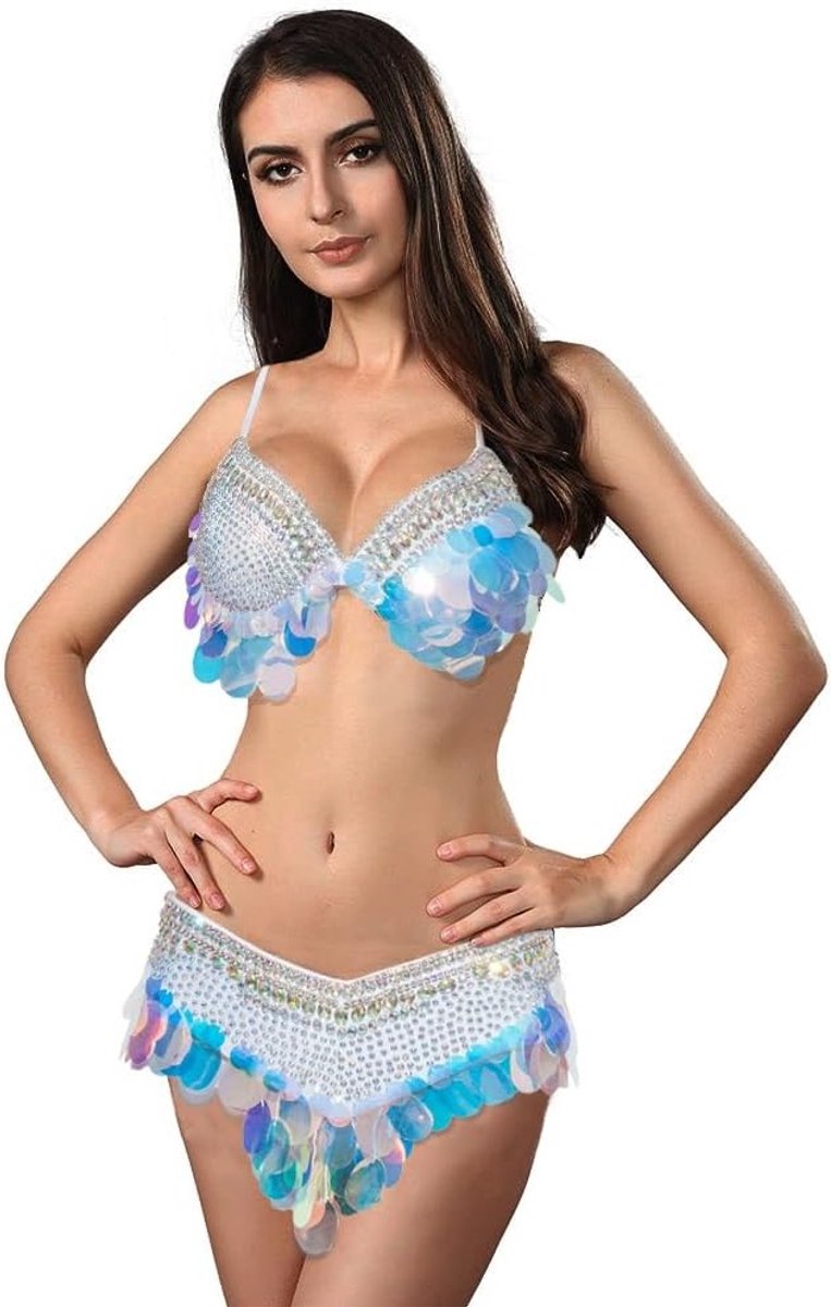 Elegante Belly Dance Kostuum met Kleurvolle Tassels en Zwarte/Witte Bh en Ceintuur voor Carnavals- en Dansoptredens