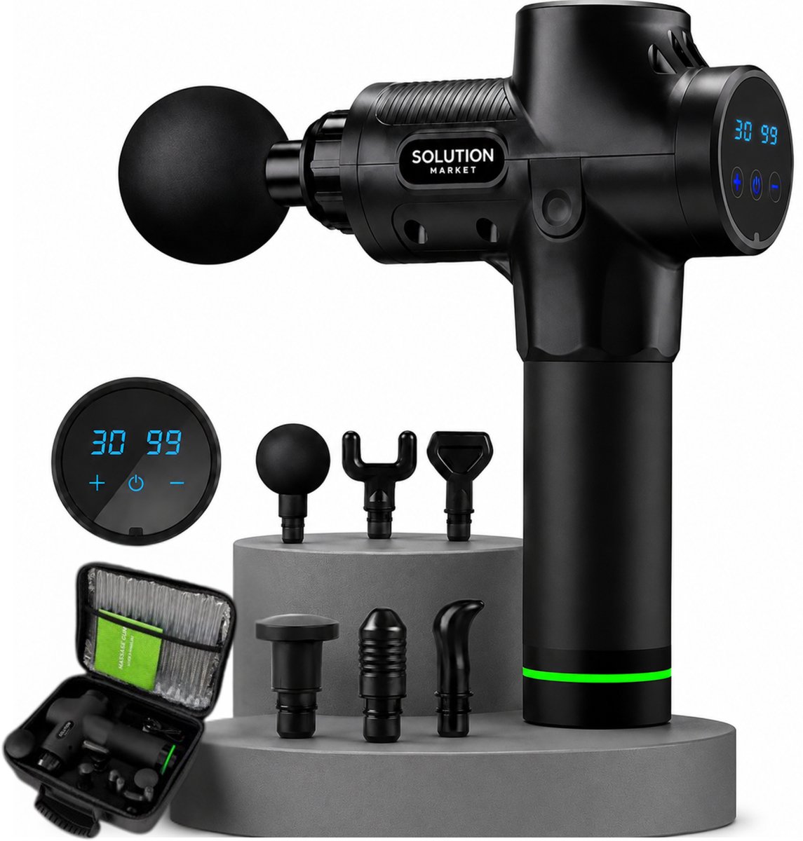 SolutionMarket – Professionele Massage Gun – 30 Snelheden – 6 Opzetstukken – LCD Display – Inclusief Koffer – Krachtige Diepe Spiermassage – 3200 RPM