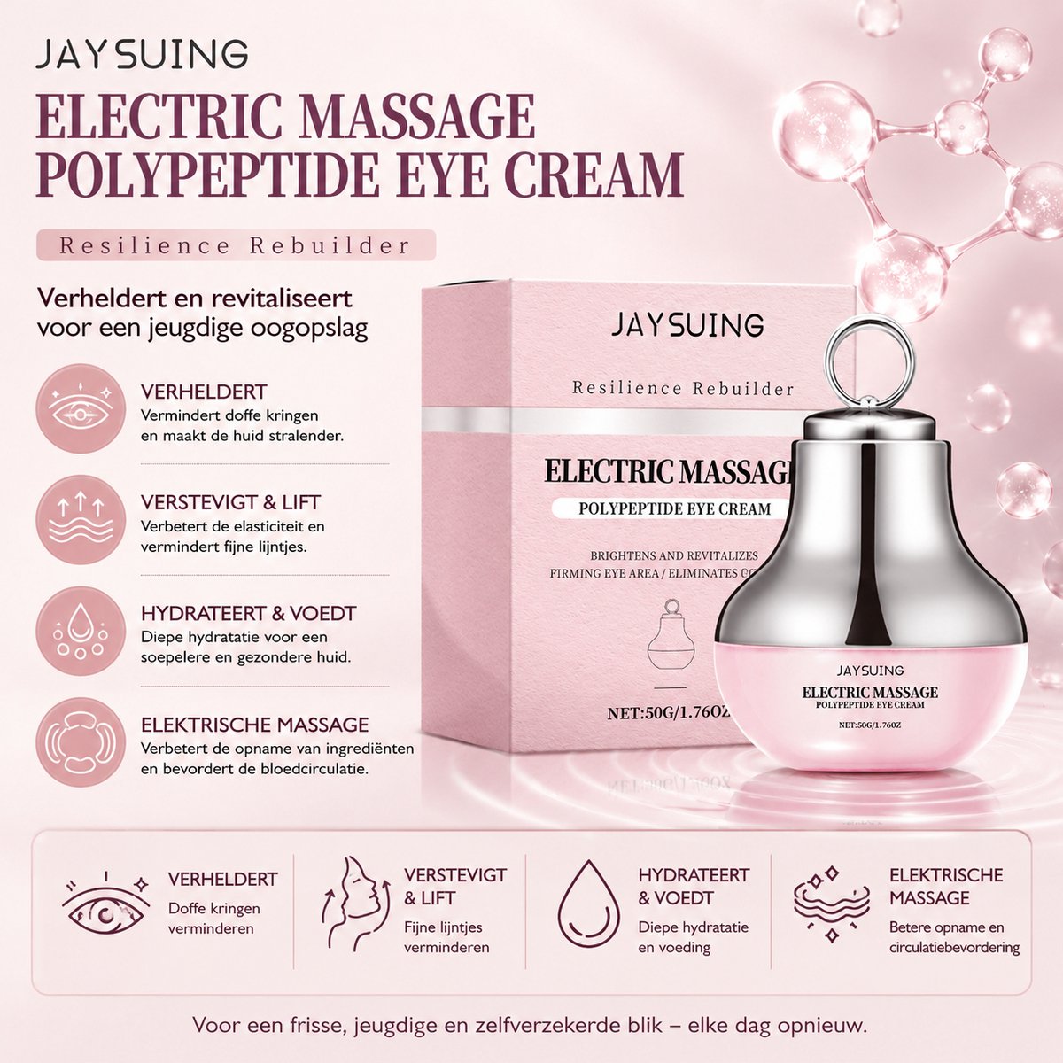 JAYSUING Beauty -Vibrerende Oogcrème met Massage - Met Hyaluronzuur & Peptiden - Voor Gevoelige Huid rond de Ogen, Verlicht Vermoeide Ogen & Zwellingen -Tegen Donkere Kringen, Fijne Lijntjes & Wallen - Verstevigend & Hydraterend - 50g