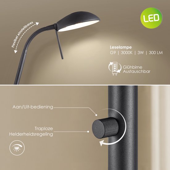 Close-up van de zwarte, flexibele kop van een LED-leeslamp, met aan/uit-bediening en traploze helderheidsregeling.