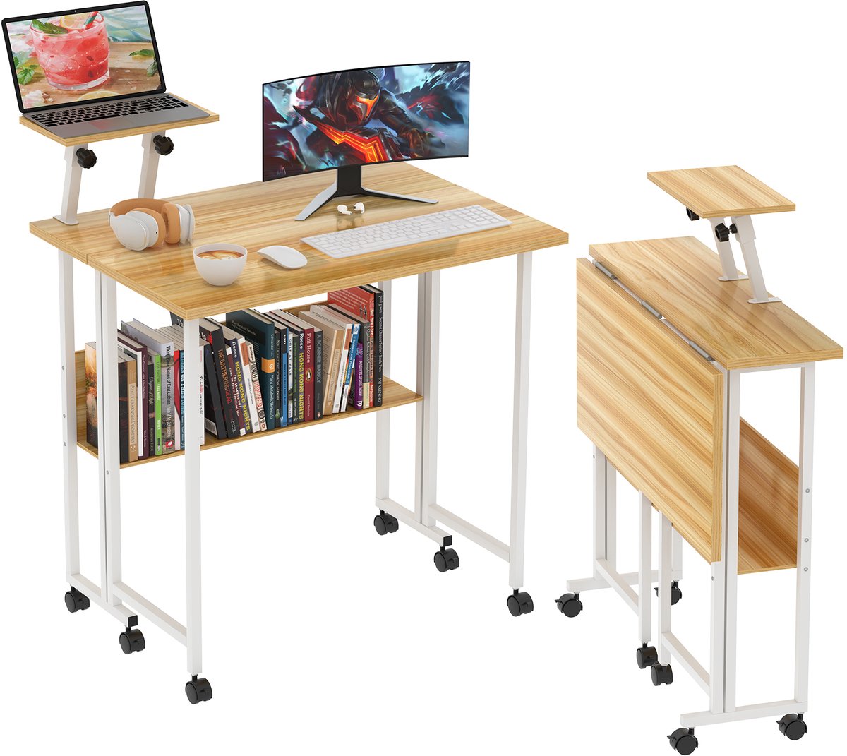 PIPIPOXER-Opklapbaar bureau, computerbureau op wielen met opbergvak, opklapbare tafels voor thuiskantoor, slaapkamer, woonkamer, 58x80x75cm, Houtkleur
