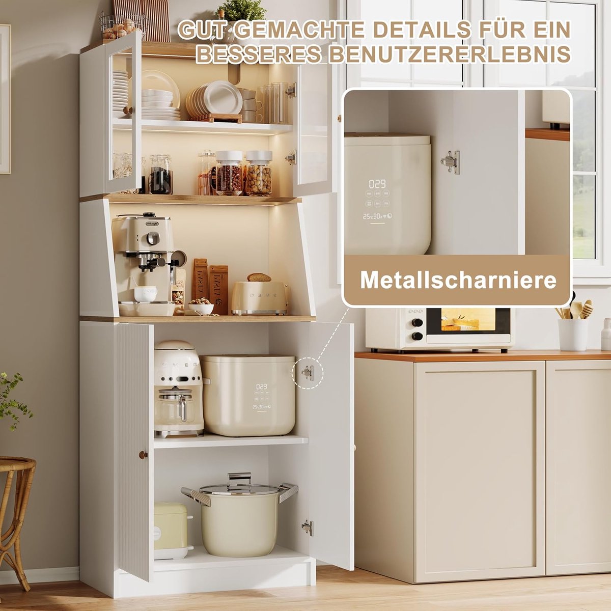 Hoge Keukenbuffetkast met Werkblad, LED-Verlichting & 2 Glazen Deuren – 180 cm Opbergkast met Verstelbare Planken & Kabeldoorvoer – 70 x 40 x 180 cm