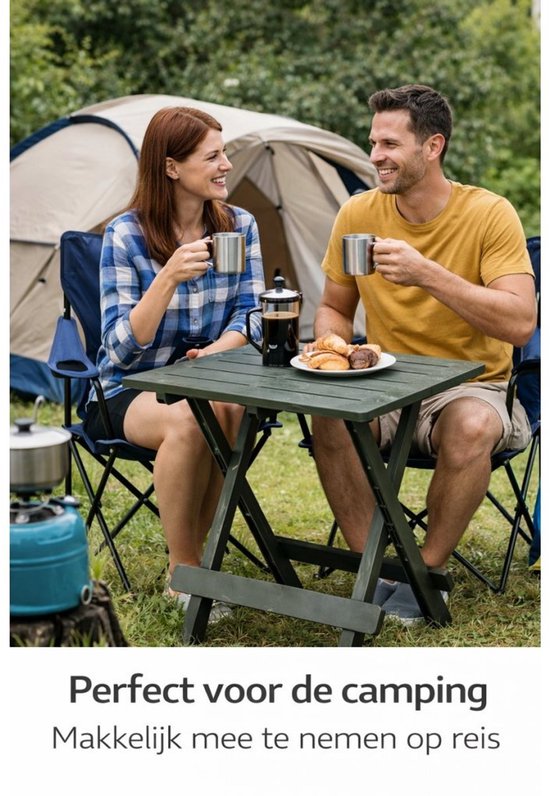 Groene, opklapbare campingtafel met geprononceerde houten structuur, gefotografeerd bij een tent.