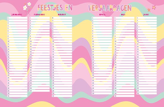 Kalenderpagina's met de maanden januari tot juni en feestjes en verjaardagen, in pastelkleuren.