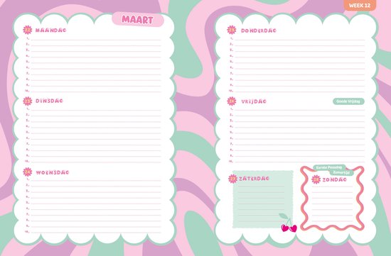 Weekoverzicht van de maand maart met dagen van de week en ruimte voor notities, in pastelkleuren.