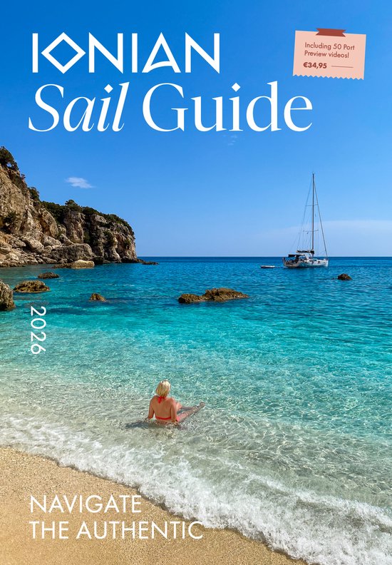 Titel 'IONIAN Sail Guide 2026' op een foto van een vrouw in bikini in helder turquoise water, met een zeilboot en rotsachtige kustlijn.