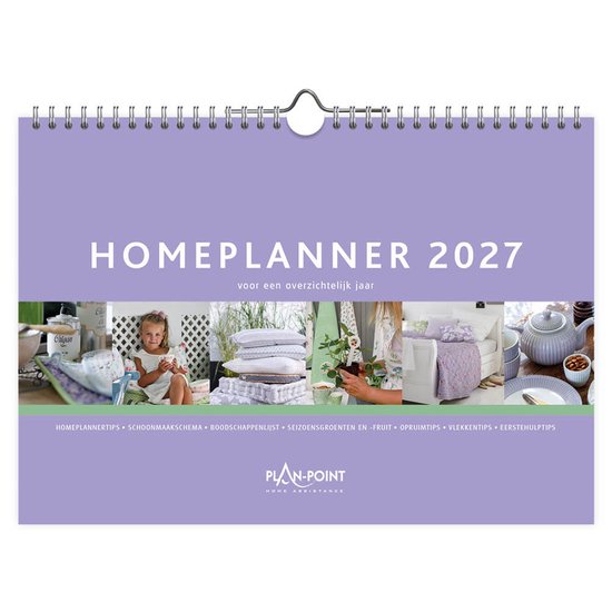 Omslag van de Homeplanner 2027 met afbeeldingen van een kind, beddengoed, planten en servies.