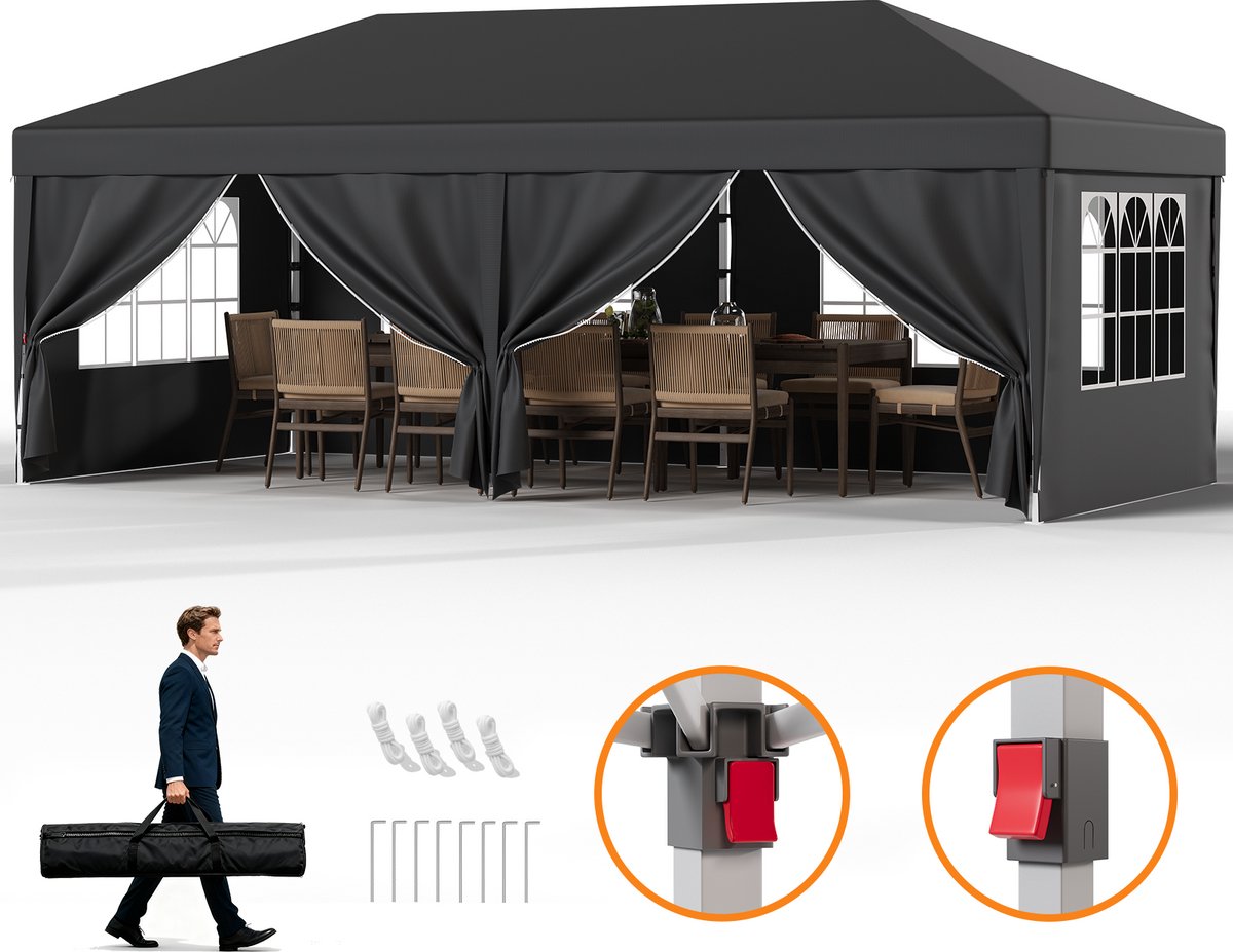 Devoko Partytent-Opvouwbaar Tuinpaviljoen 3x6 m met Zijwanden–Waterdicht & UV-bestendig–opbergtas–30 seconden pop-up opzet–Grijs