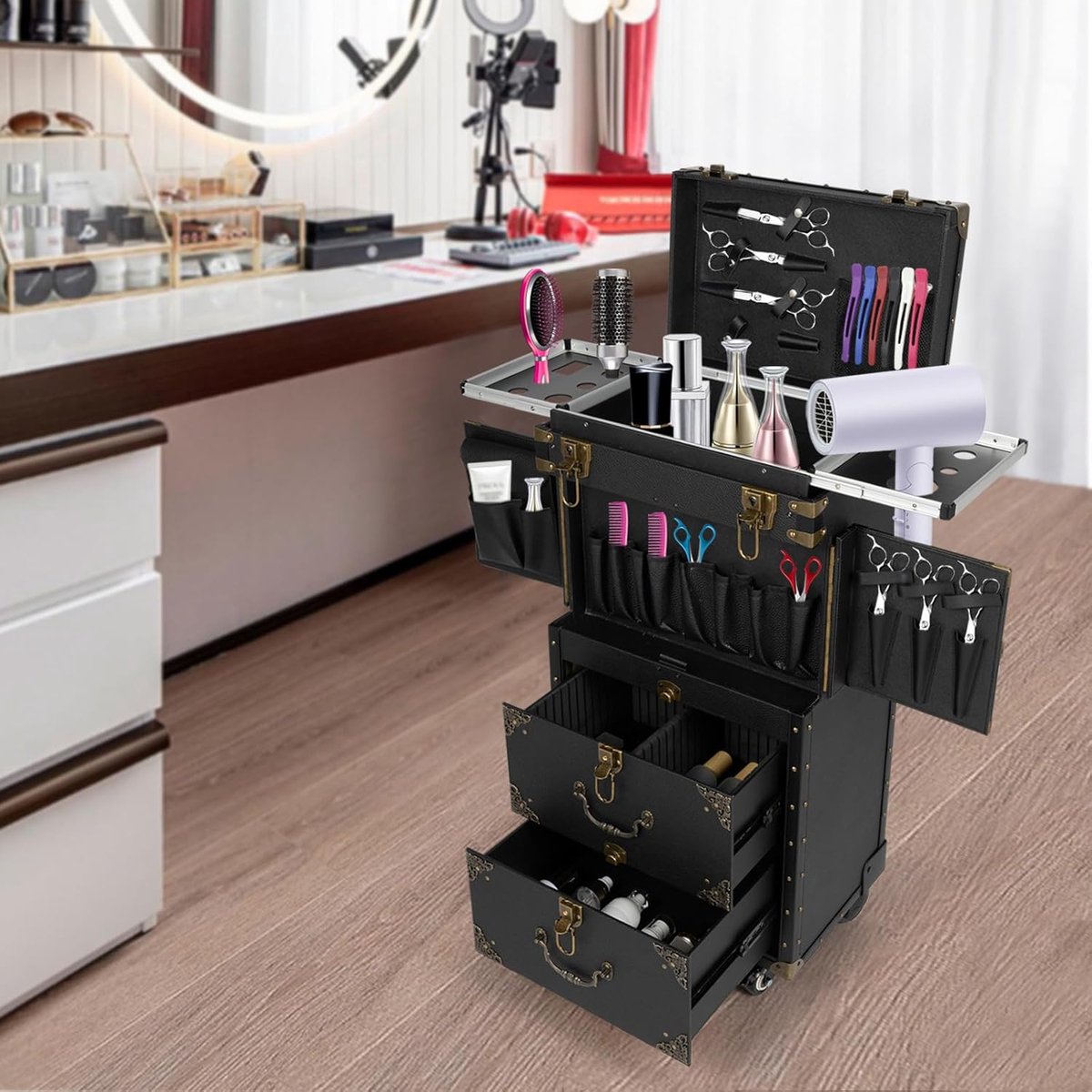 Cosmetica Trolley - Make-up Koffer - Professioneel Gebruik - Verrijdbaar Ontwerp - 46 x 37 x 86 cm - Zwart Goud