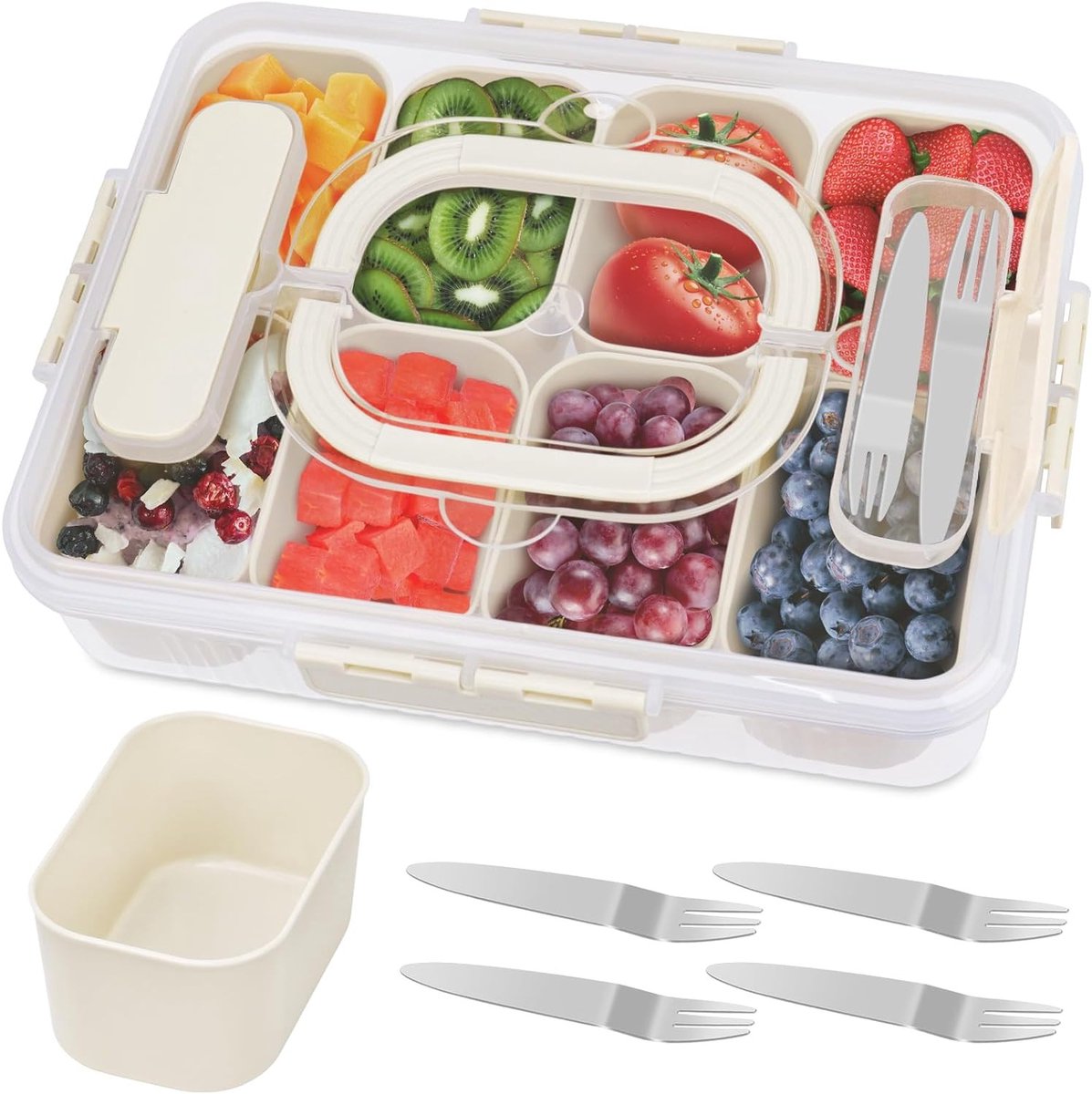 Herbruikbare Snackdoos met Compartimenten, Afwasmachinebestendig, Ideaal voor Fruit, Noten en Snacks, Inclusief 4 Vorkjes en Handvat voor Gemakkelijk Transport