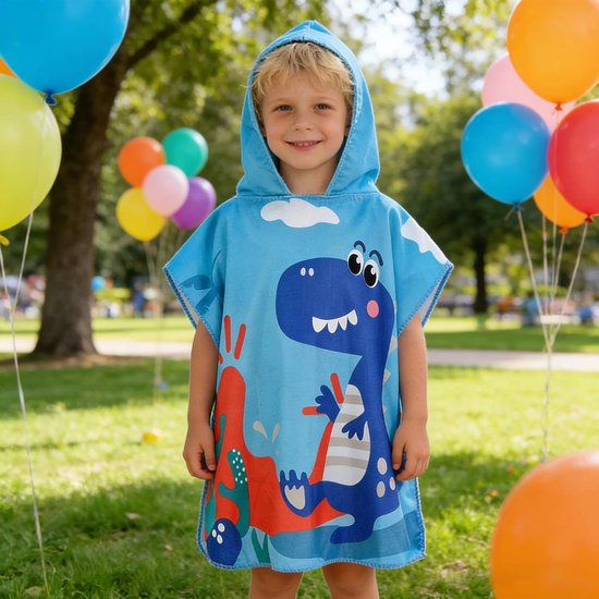 Kinder Badponcho - Dino Design - Na het zwemmen - Zachte microvezel - 60 x 120 cm - Blauw — afbeelding 5