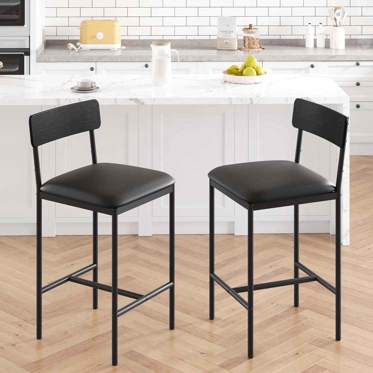 HOERFURIY Barkrukken Set van 6 - Industrieel Design met Rugleuning - Zwart PU-Leder & Metaal - Barkrukken voor Kookeiland & Bar - Comfortabele Barstoelen - 95 cm Hoog