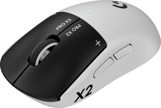 Witte draadloze gamingmuis met zwarte bovenkant, scrollwiel en knoppen. Zijkant toont 'X2'. Groen LED-lampje zichtbaar.