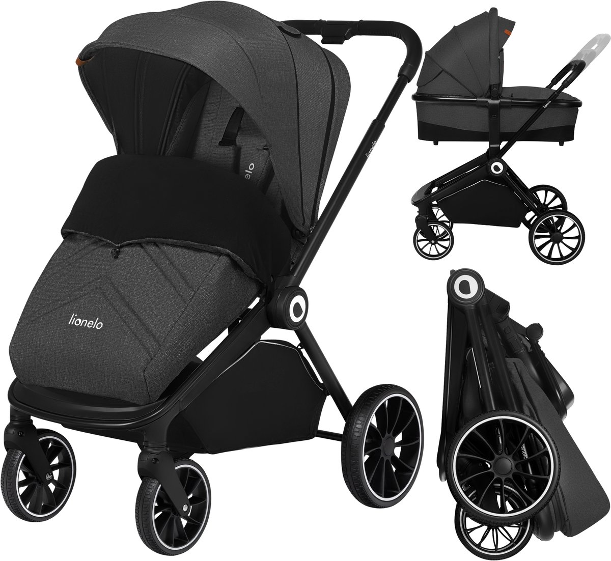 Lionelo Mika 2in1 Kinderwagen – Wandelwagen & Reiswieg – Omkeerbare Zitting – Compact Opvouwbaar met Zitje – XXL Waterdichte Luifel UPF50+ – Verstelbare Rugleuning & Voetsteun – PU Wielen met Vering – Inclusief Accessoires Set Tot 22 kg