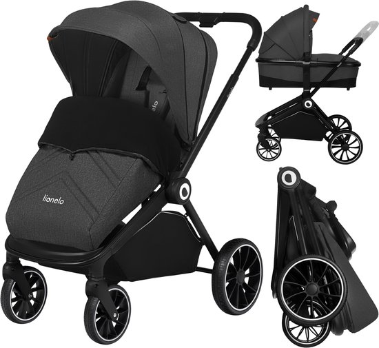 Lionelo Mika 2in1 Kinderwagen – Wandelwagen & Reiswieg – Omkeerbare Zitting – Compact Opvouwbaar met Zitje – XXL Waterdichte Luifel UPF50+ – Verstelbare Rugleuning & Voetsteun – PU Wielen met Vering – Inclusief Accessoires Set Tot 22 kg