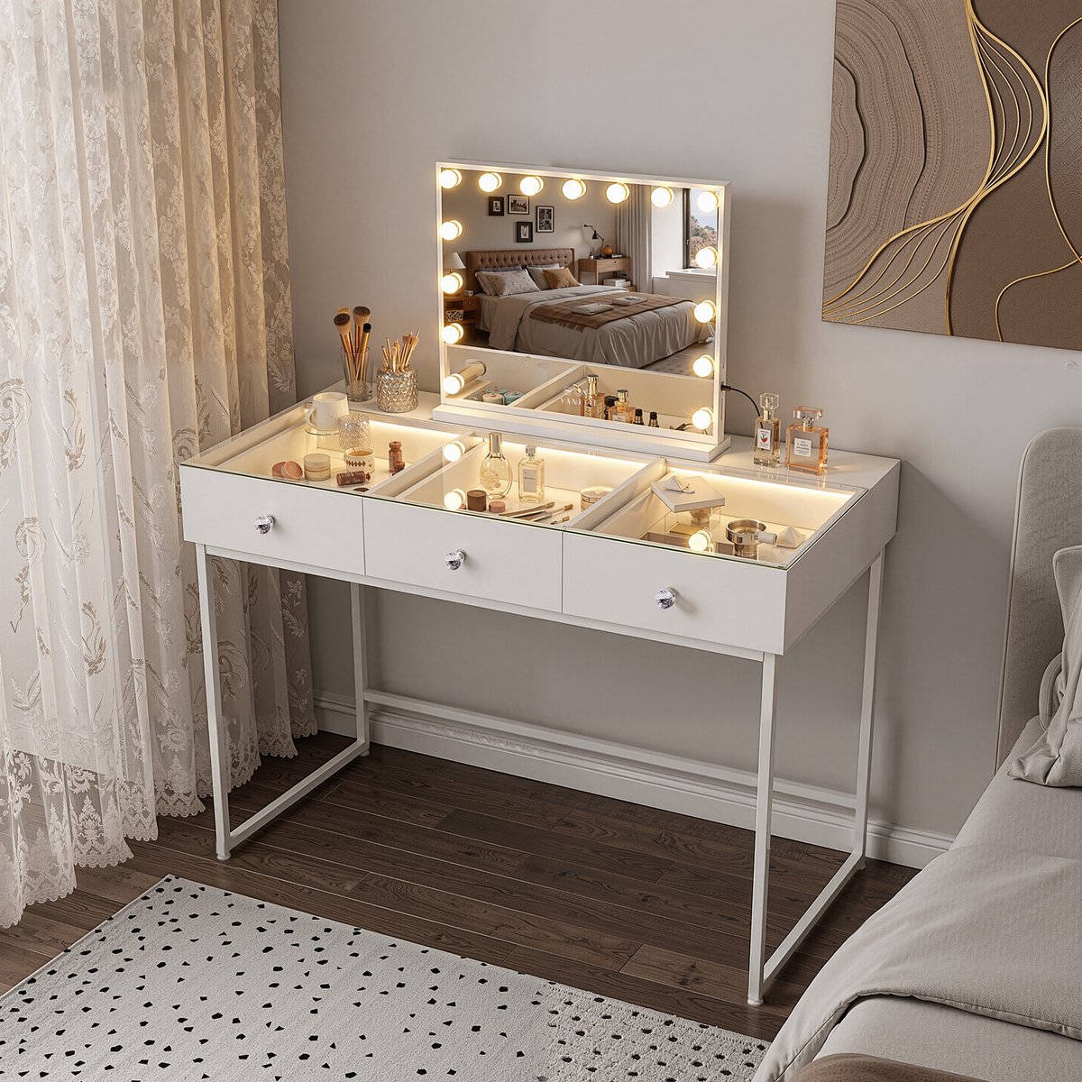 VANITII GLOBAL Kaptafel met Spiegel LED 3 Lades Wit 115 x 55 x 127 cm