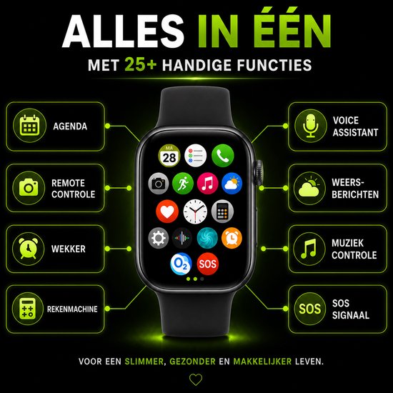 Royal Supplies RF-93 Smartwatch - Smartwatch Heren - Smartwatch Dames - Belfunctie- HD Touchscreen - Horloge - Stappenteller - Bloeddrukmeter - Saturatiemeter - IOS & Android -Screenprotector- Zwart