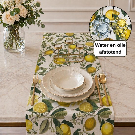 Tafelloper met citroenprint en vlinders. Textiel is water- en olieafstotend.
