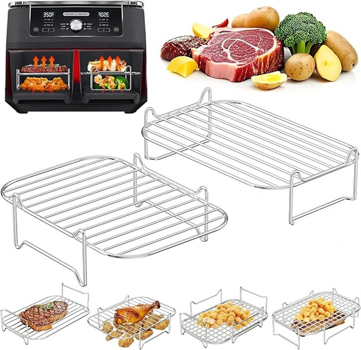 Stapelbaar Grillrooster voor Airfryer - 2 Stuks RVS