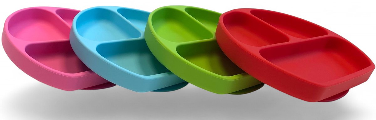 Set van 4 Stevige Siliconen Baby- en Peuter Eetborden met Zuignap – BPA-vrije Antislip Kinderborden met 3 Vakjes – Dik Robuust en Zacht Flexibel Kinderservies – Rood, Groen, Blauw en Roze