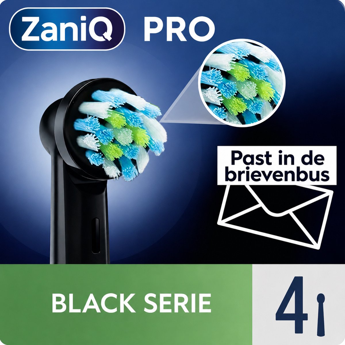 ZaniQ – Pro Black Serie – Opzetborstels 4 stuks– Zwart - NIET GESCHIKT VOOR iO - Compatibel met handvatten waarop Oral-B Cross Action opzetborstels passen- Brievenbusverpakking