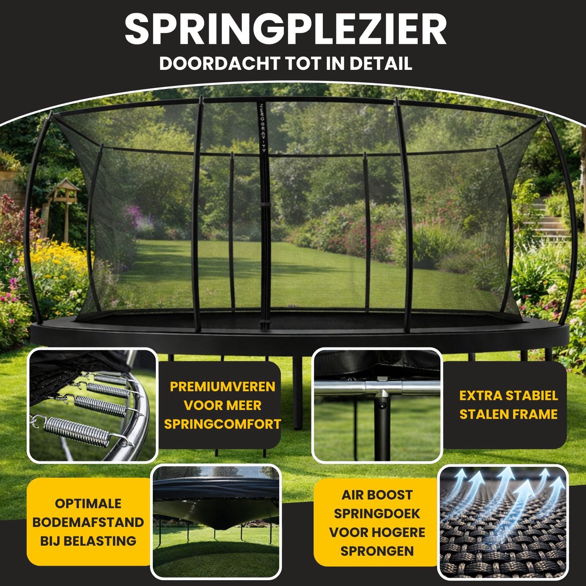 Zero Gravity trampoline 366x244cm rechthoekige – kindertrampoline met slim opvouwbaar veiligheidsnet – incl. ladder en grondankers – max. 130 kg - rechthoekige/ovale tuintrampoline - Ultima 5 Black Edition — afbeelding 3
