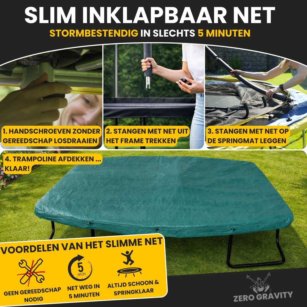 Zero Gravity trampoline 366x244cm rechthoekige – kindertrampoline met slim opvouwbaar veiligheidsnet – incl. ladder en grondankers – max. 130 kg - rechthoekige/ovale tuintrampoline - Ultima 5 Black Edition — afbeelding 2