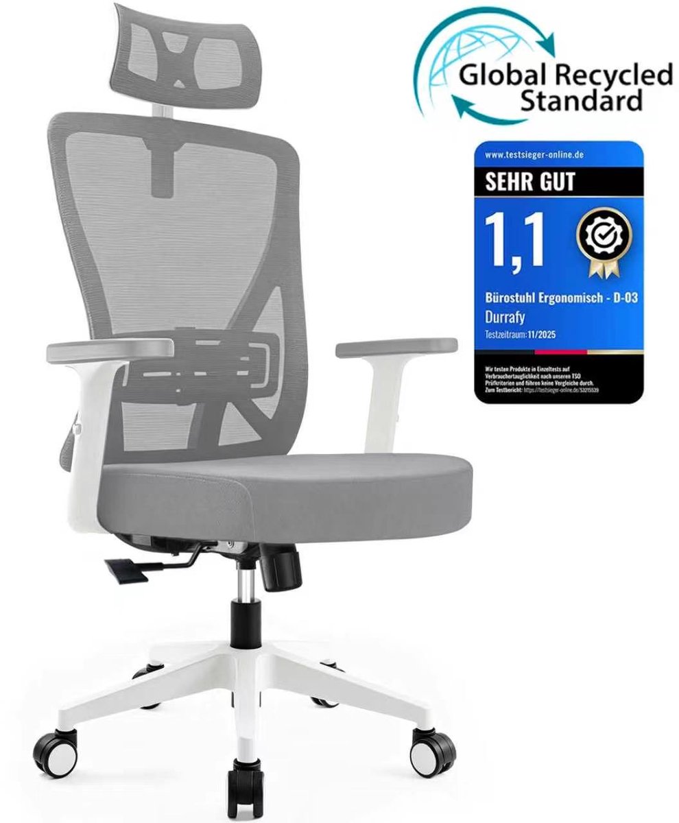 Durrafy® Ergonomische Bureaustoel - Bureaustoel - Office Chair - Bureaustoelen voor Volwassenen met Verstelbare Armleuningen & Hoofdsteun - Verstelbare Lendensteun (±6 cm) - Computerstoel met 90°-135° Kantelbare Rugleuning - Max. 155 kg - grijs