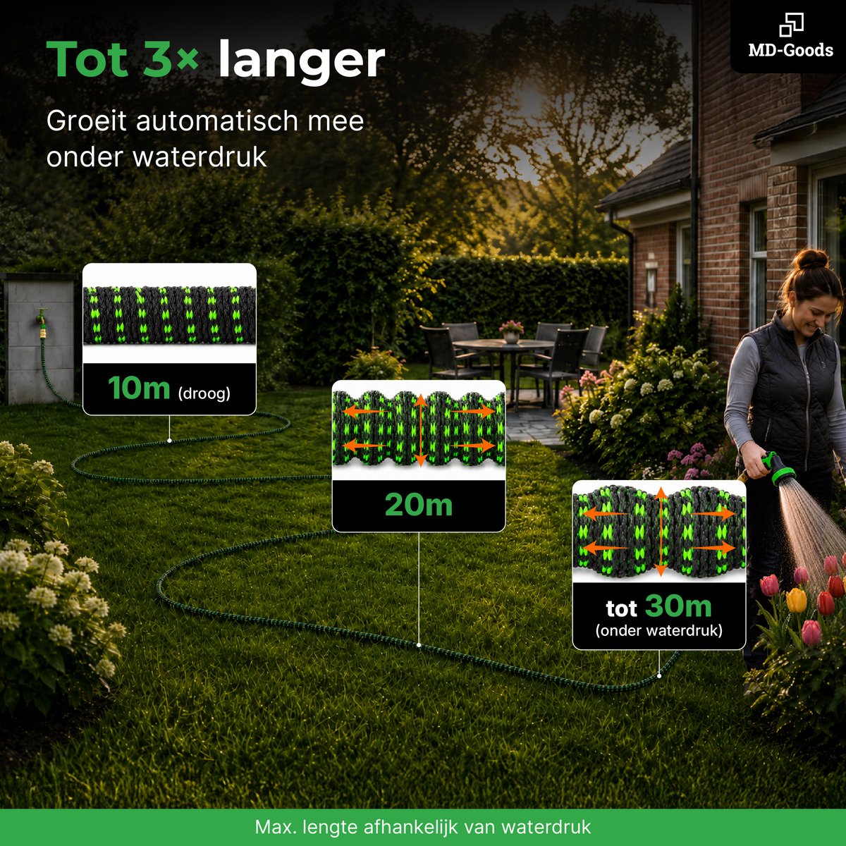 MD-Goods Flexibele Tuinslang tot 30 Meter + Sproeikop, opbergtas en koppelstukken - uitrekbare Waterslang - Zwart/Groen thumbnail 3