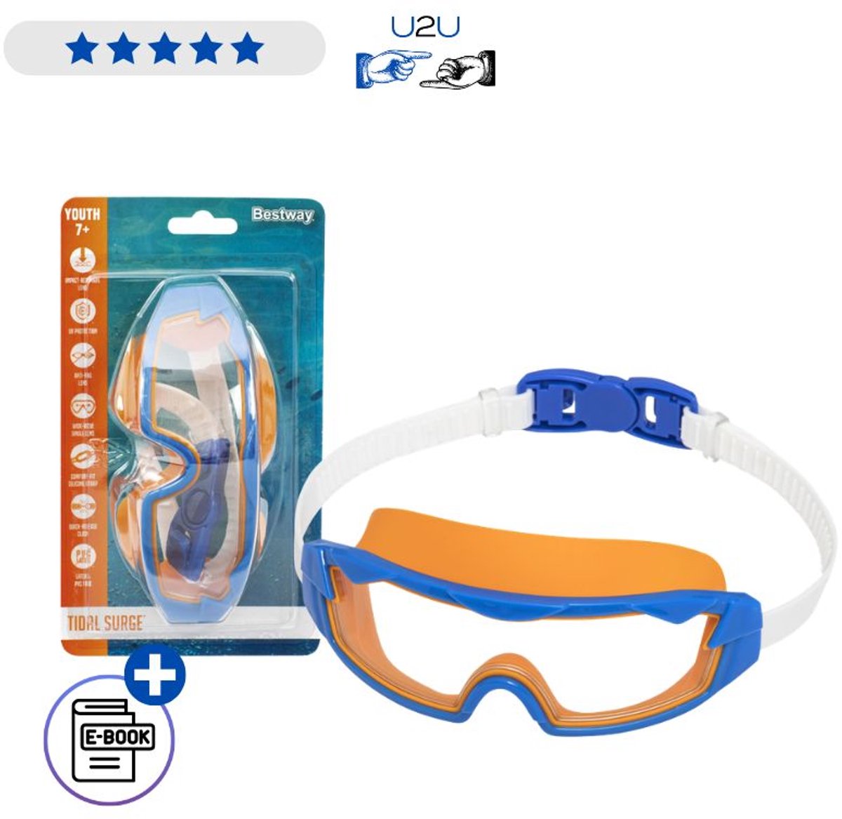 Bestway Zwembril 21179 Oranje - Kinder Swimming Goggles Met UV Bescherming En Dubbele Afdichting - Verstelbare Zwembril Voor Zwembad Strand En Watersport Vanaf 7 Jaar Met Ebook
