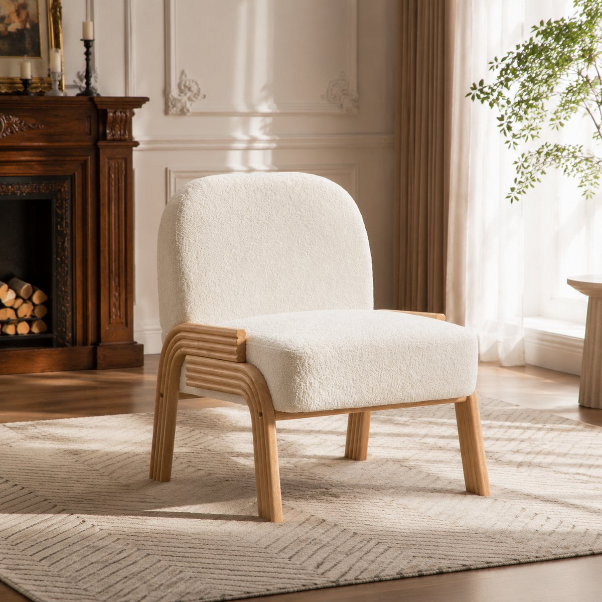 Fauteuil - Comfortabele TV-stoel - Leesstoel - Chenillestof - Zacht zitkussen - met massief houten poten - Modern design - Geschikt voor de woonkamer, slaapkamer - Wit