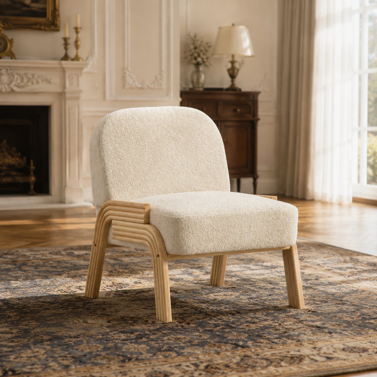 Fauteuil - Comfortabele TV-stoel - Leesstoel - Chenillestof - Zacht zitkussen - met massief houten poten - Modern design - Geschikt voor de woonkamer, slaapkamer - Beige