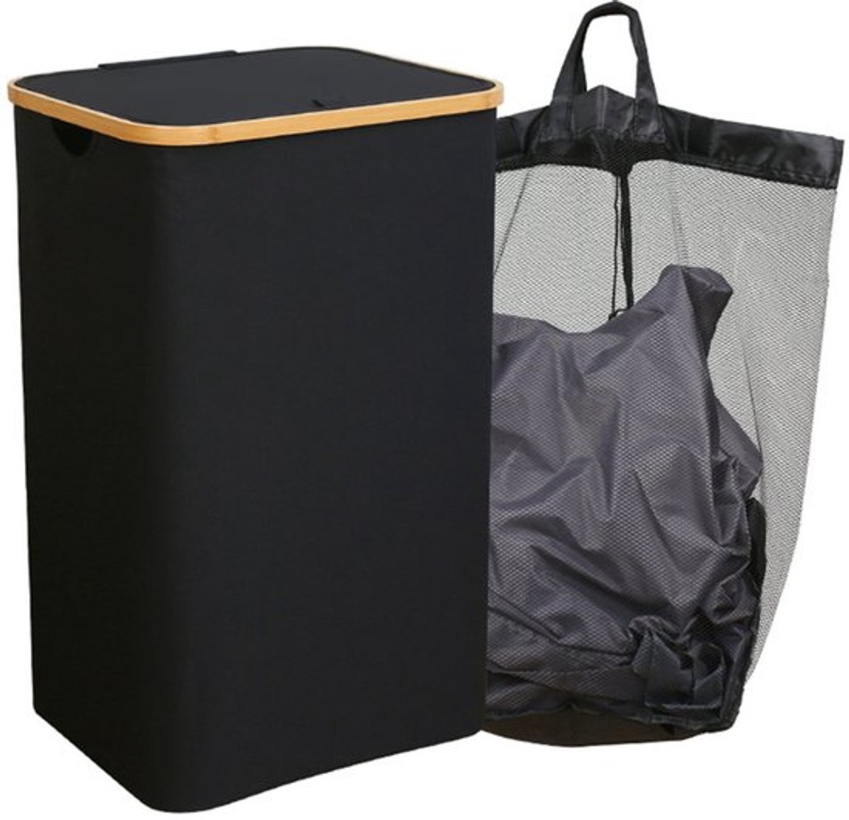 Wasmand - Met uitneembare zakken - Mesh Waszakken - Klittenband - 40.5*33*65cm - Waszak - Waszakken - Wasmanden - Wassorteerder - Opvouwbaar - Zwart