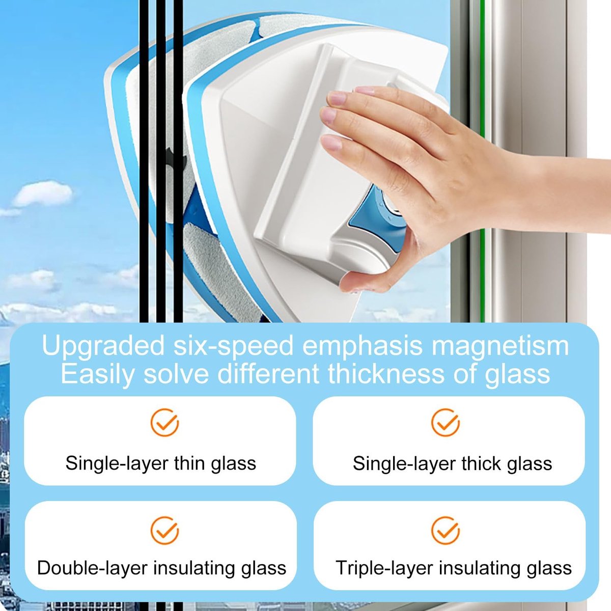 Magnetische raamreiniger, verstelbaar, 3-30 mm, dubbelzijdige glasreiniger met sterke magneten, magnetische glasreiniger voor ramen, glas en dakramen thumbnail 4