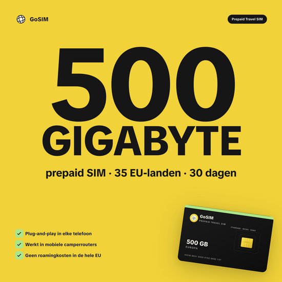 Een prepaid simkaart met 500GB data voor 35 EU-landen gedurende 30 dagen, met een afbeelding van de simkaart zelf.