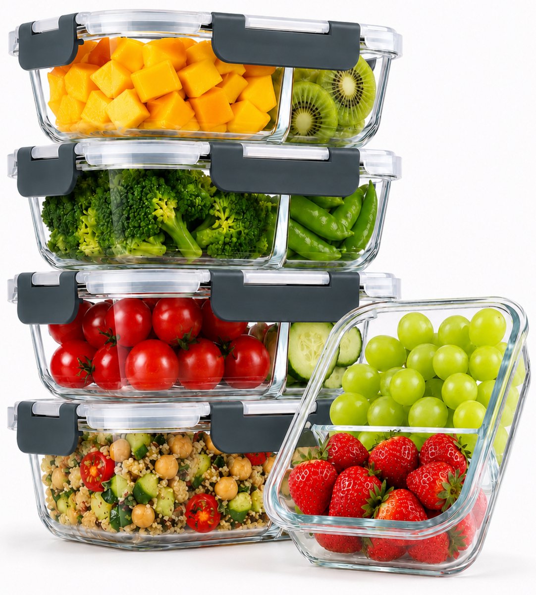 Five Stars® Glazen Vershoudbakjes met 2 Compartimenten - 5 Stuks - Meal Prep Bakjes - Luchtdichte Diepvriesbakjes - Met Deksel - 950 ml