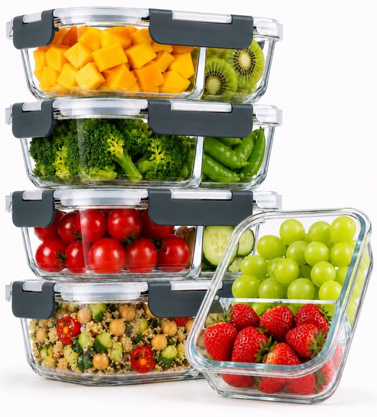 Five Stars® Boîtes de Conservation en Verre à 2 Compartiments - 5 Pièces - Boîtes de Préparation de Repas - Boîtes de Congélation Hermétiques - Avec Couvercle - 950 ml