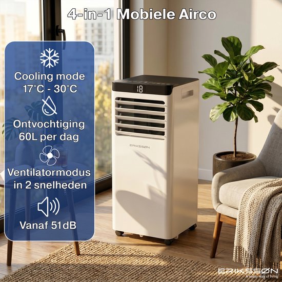 Mobiele airco met 4 functies: koelen, ontvochtigen, ventileren. Koelmodus 17-30°C, ontvochtigt 60L/dag, 2 ventilatorsnelheden, vanaf 51dB.