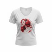 Dames T-shirt wit – V-hals met print – korte mouw – comfortabel katoen – maat XL - damesshirt - dames tshirt
